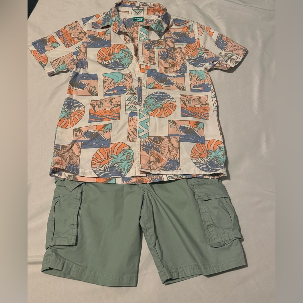 Boys Vacation Set Cargo Short and Button Up Dinosaur Shirt